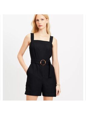 LOFT Black Linen Square-Neck Belted Romper size 6 with pockets